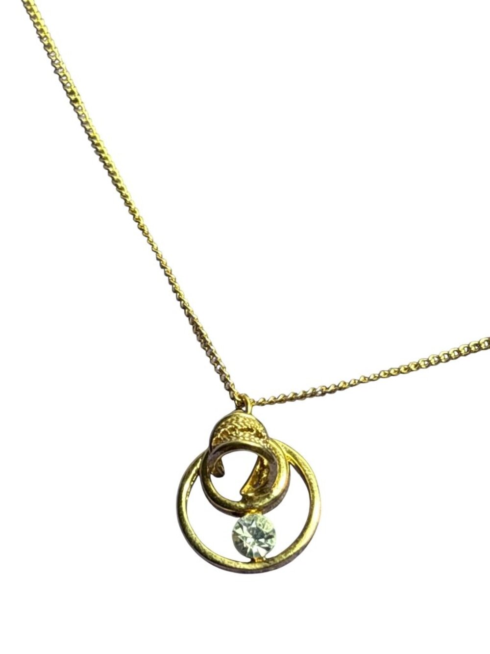Vintage Goldtone Circle Pendant Filigree Clear Rhinestone Spring Ring 15 in Long